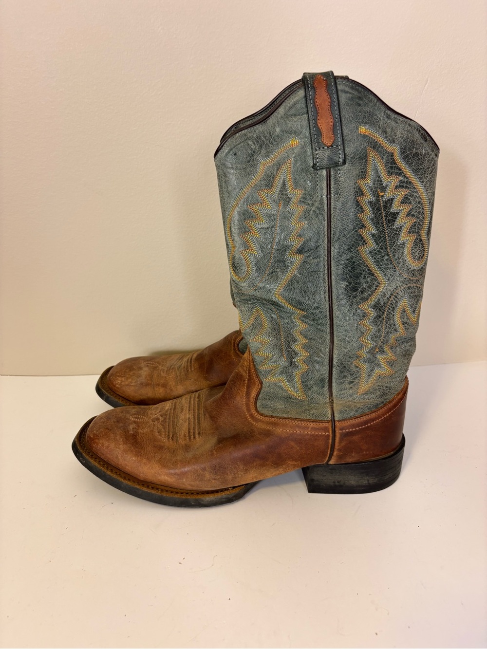 Old West Men's Two-Tone Brown and Teal Western Cowboy Pull On Boots 10